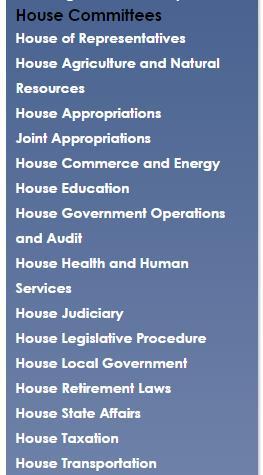 7) After selecting House or Senate, you ll see a list of committees in the blue box on the left side of the page.
