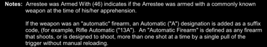 Arrestee was Armed With [At Time of Arrest] (46) Data Characteristics: 3 Character Alpha Requirements: 1) MUST be present--cannot be blank. Error 16001 2) MUST be a valid code.