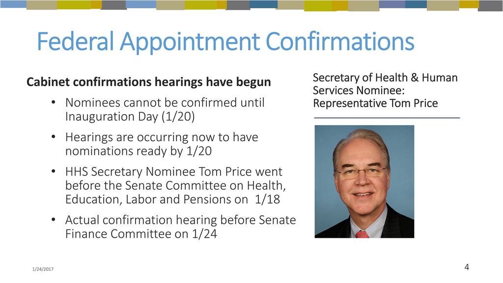 Several Cabinet nominees are undergoing Senate confirmation hearings January 17 January 19 Congress cannot officially confirm the nominees until President Elect Trump is sworn in on January 20, 2017.