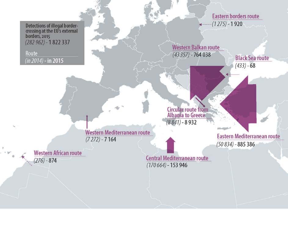 3. attēls. Atklātie nelegālas robežšķērsošanas gadījumi uz ES ārējām robežām, 2015. g. (2014. g.) 1 13 Atklātie neatbilstīgas robežsķērsošanas gadījumi uz ES ārējām robežām 2015. g.: 1 822 337 (2014.