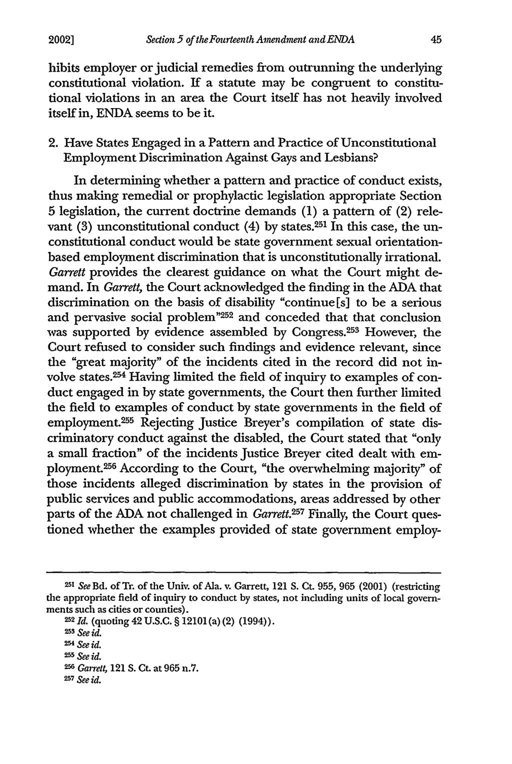 2002] Section 5 of the Fourteenth Amendment and ENDA hibits employer or judicial remedies from outrunning the underlying constitutional violation.