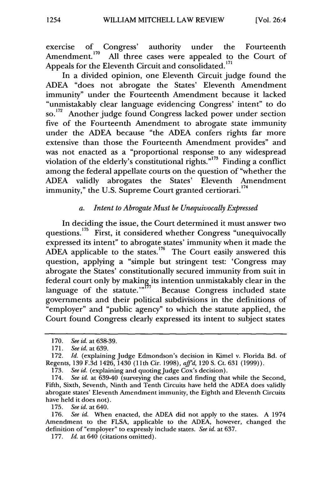 1254 William WILLIAM Mitchell Law MITCHELL Review, Vol. 26, LAW Iss. 4 [2000], REVIEW Art. 12 [Vol. 26:4 exercise of Congress' authority under the Fourteenth Amendment.