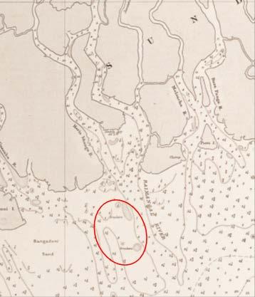 Chart 859 Depicts the Haribhanga main river channel and the location of South Talpatty/New Moore Island (marked by the notation breakers, circled by CNA).