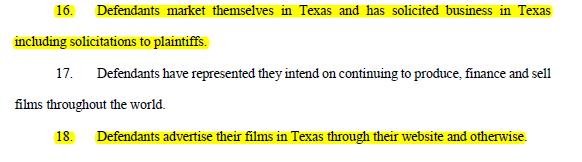 Id., paragraphs 16 and 18, page 4. 93. Plaintiffs statements allege Defendants advertise in Texas.