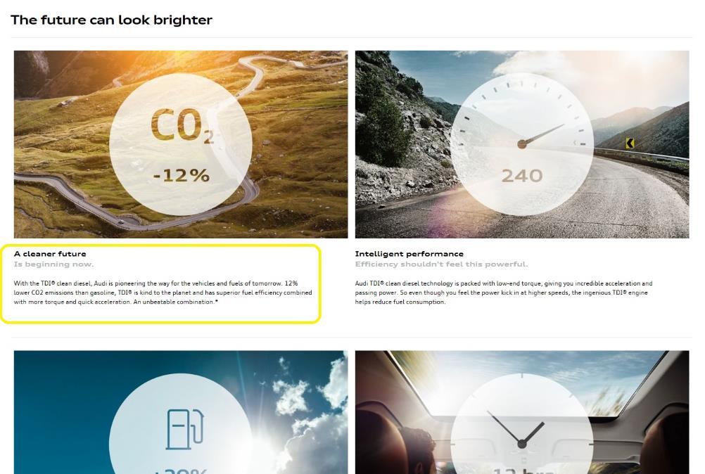 The fourth advertisement makes reference to reduced levels of carbon dioxide pollution, but the truth is that these vehicles emit lower levels of carbon dioxide only on a dynamometer, not during