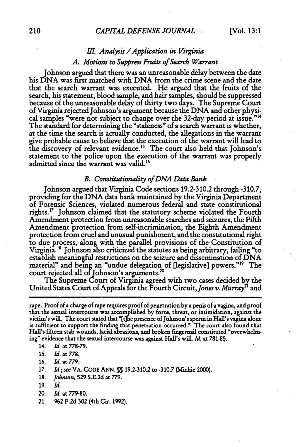 CAPITAL DEFENSE JOURNAL [Vol. 13:1 'IlI. Analysis lapplication in Virginia A.