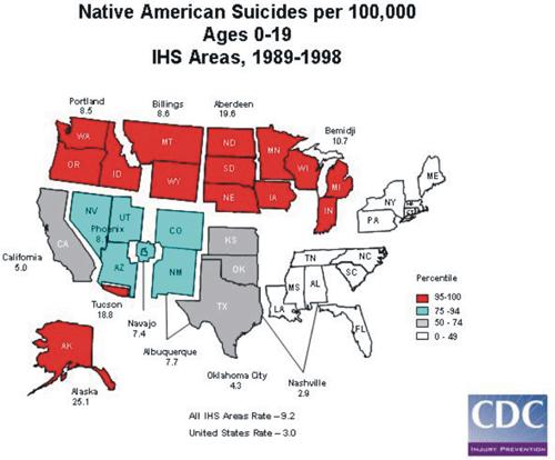 General Suicide Rates AI/AN 2010 per 100,000 Male Female 35 12 30 10 25 20 15 10 White 8 6 4 White 5 AI/ AN 2 AI/ AN 0 15-24 25-44 45-64 >64 0