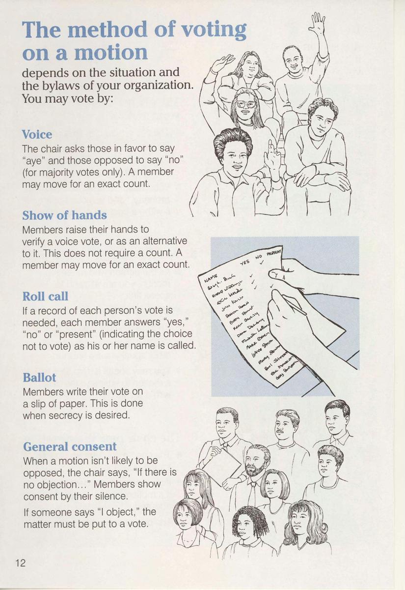 The method of voting on a motion depends on the situation and the bylaws of your organization.