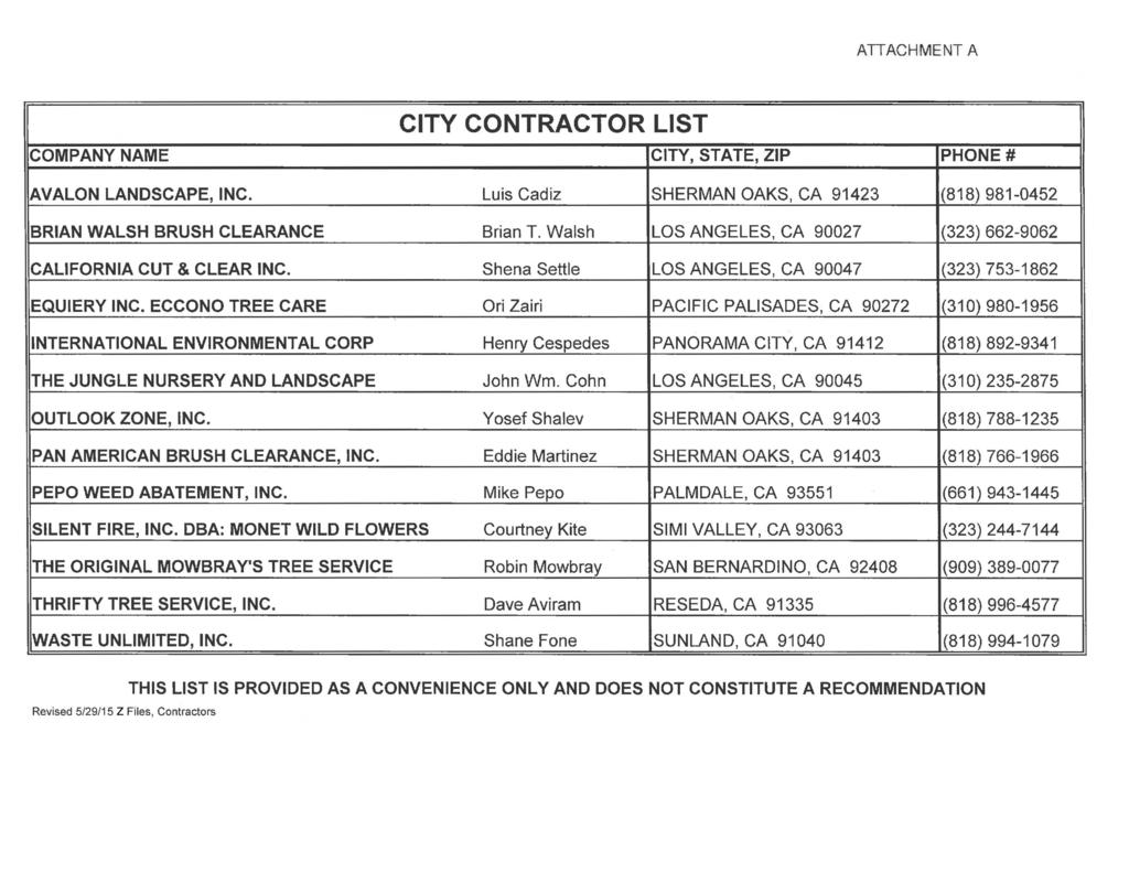 ATTACHMENT A CITY CONTRACTOR LIST COMPANY NAME CITY, STATE, ZIP PHONE# AVALON LANDSCAPE, INC. Luis Cadiz SHERMAN OAKS, CA 91423 (818) 981-0452 BRIAN WALSH BRUSH CLEARANCE Brian T.