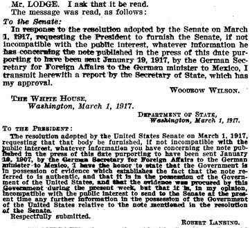 Senate s request for more information about the telegram Primary U.S. Congressional Record, Senate Second Session of the 64 th Congress vol.
