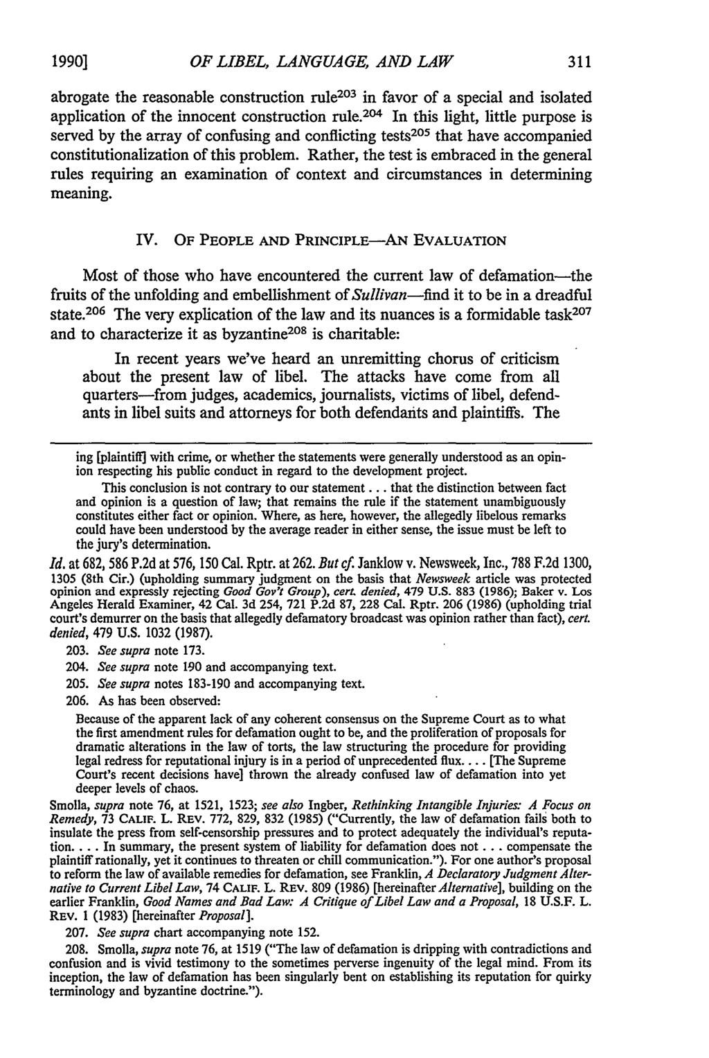 1990] OF LIBEL, LANGUAGE, AND LAW abrogate the reasonable construction rule 20 3 in favor of a special and isolated application of the innocent construction rule.