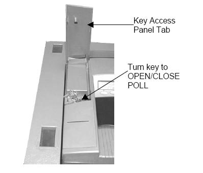 6. Verify that the tabulator is plugged in and if an outlet strip is being used, verify that the outlet strip is turned on. 7. Lift the ACCESS PANEL TO KEY on the left side of the tabulator.
