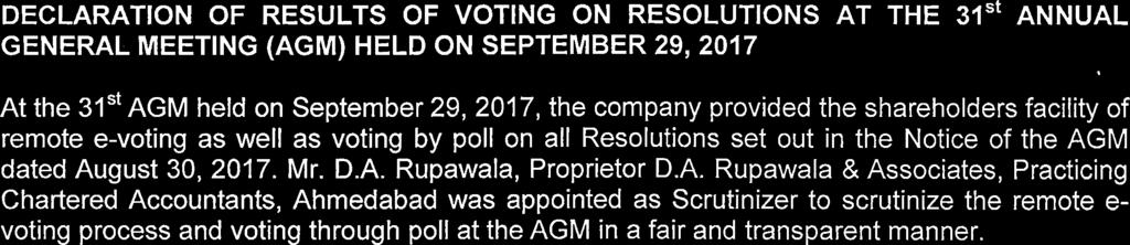 DECLARATION OF RESULTS OF VOTING ON RESOLUTIONS AT THE 31St ANNUAL GENERAL MEETING (AGM) HELD ON SEPTEMBER 29,2 At the