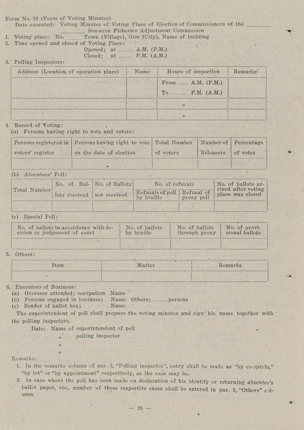 Form No. 16 (Form of Voting Minutes) Date executed: Voting Minutes of Voting Place of Election of Commissioners of the Sea-area Fisheries Adjustment Commission 1. Voting place: No.
