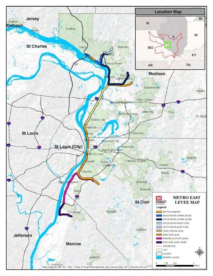 Metro East Levee Systems Overview The Metro East Levee System consists of five levee projects located in Madison, St. Clair, and Monroe Counties. Wood River Levee, Chain of Rock Levee, East St.
