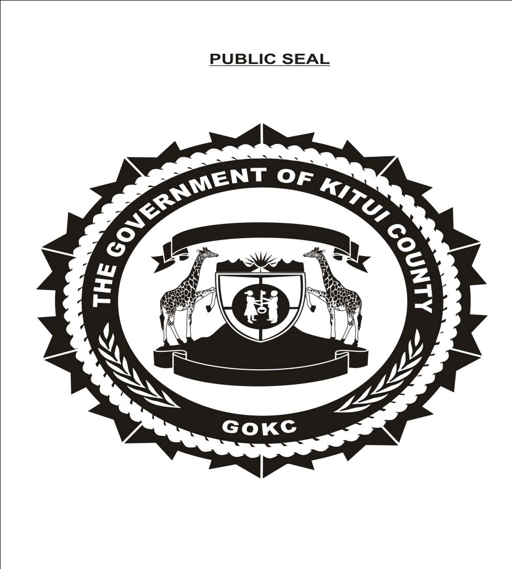 DESCRIPTION The seal of the County Government of Kitui shall be A man and woman holding a key at the centre of a shield that has a crest of hills and rising sun stand on a silhouette of Mt.