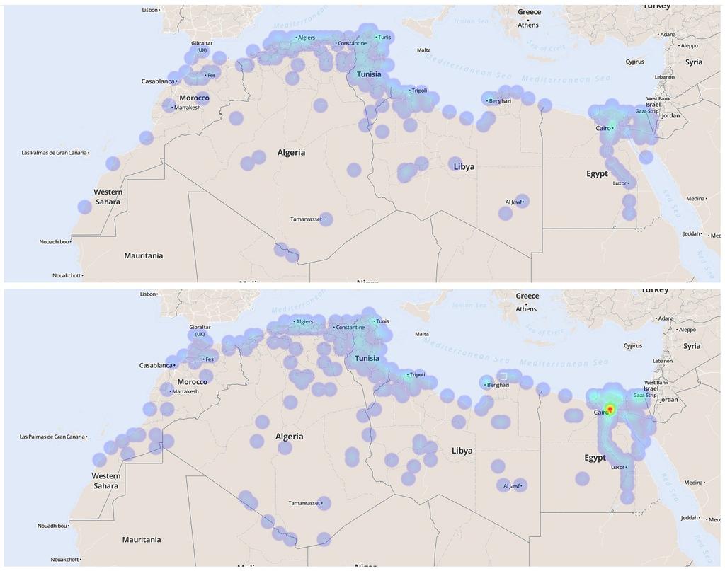 North Africa 2012 2013 Figure 11: Conflict Event Hotspots, North Africa, 2012 (top) and 2013 (bottom). military strata and have developed their own political and religious ideologies.