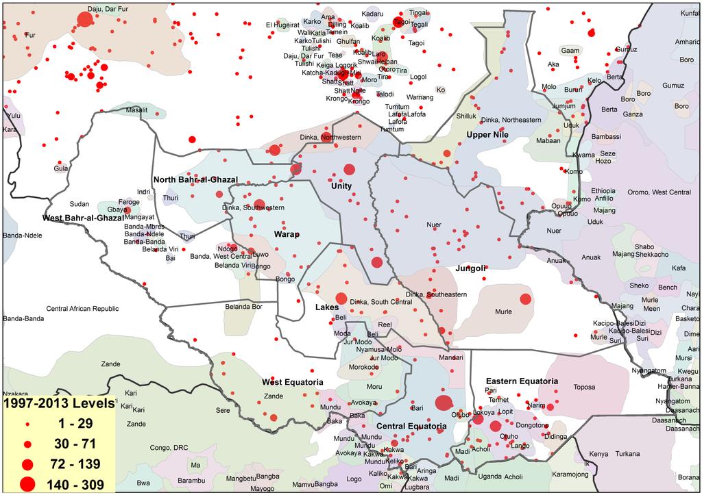 CONFLICT TRENDS (NO. 22) South Sudan Figure 15: Map of Conflict Event Levels and Ethnic Territories, South Sudan, 1997-2013.