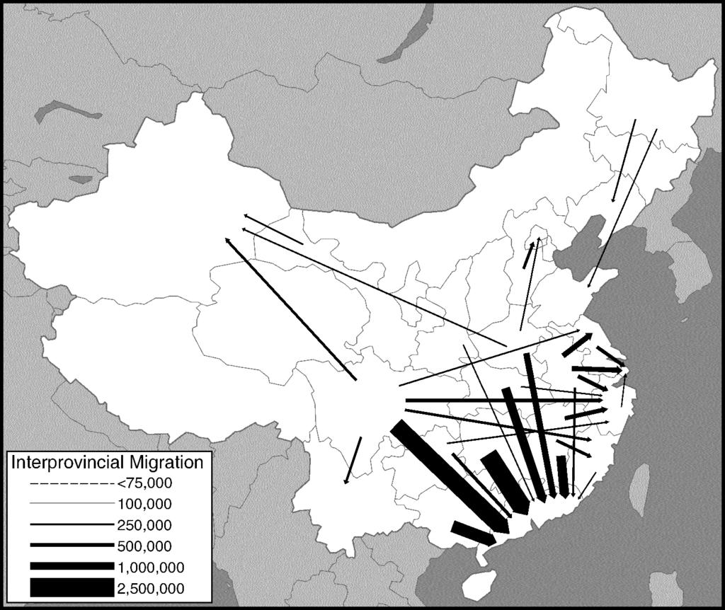 176 EURASIAN GEOGRAPHY AND ECONOMICS Fig. 3. The 30 largest interprovincial migration flows in China, 1995 2000. Source: Based on National Bureau of Statistics (2002b).