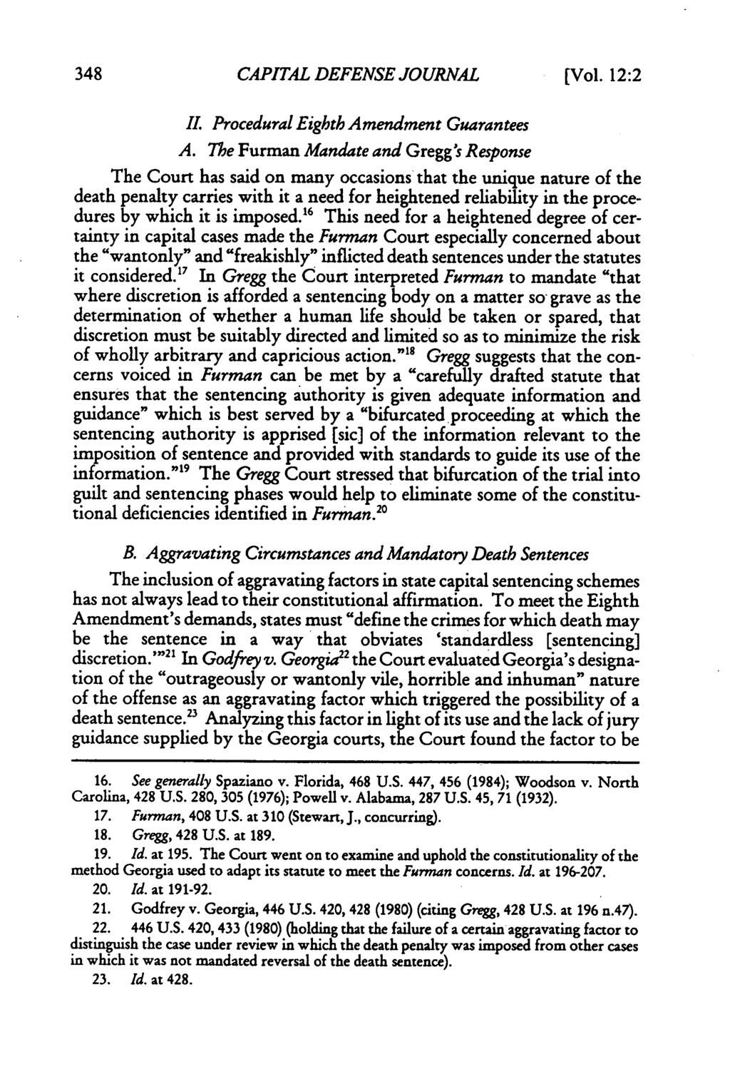 CAPITAL DEFENSE JOURNAL [Vol. 12:2 II. Procedural Eighth Amendment Guarantees A.