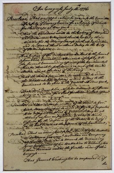 John Hancock's Resolutions to George Washington From the Library of Congress' website: "Among the resolutions passed by the Continental Congress on 4 July 1776 was one which called for the president