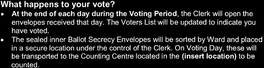 What happens to your vote?. At the end of each day during the Voting Period, the Clerk will open the envelopes received that day. The Voters List will be updated to indicate you have voted.