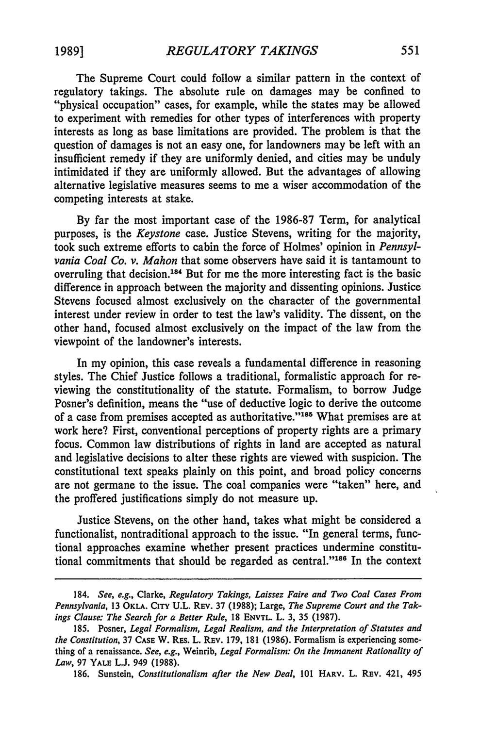 19891 Myers: Some Observations on the Analysis of Regulatory Takings in the Re REGULATORY TAKINGS The Supreme Court could follow a similar pattern in the context of regulatory takings.