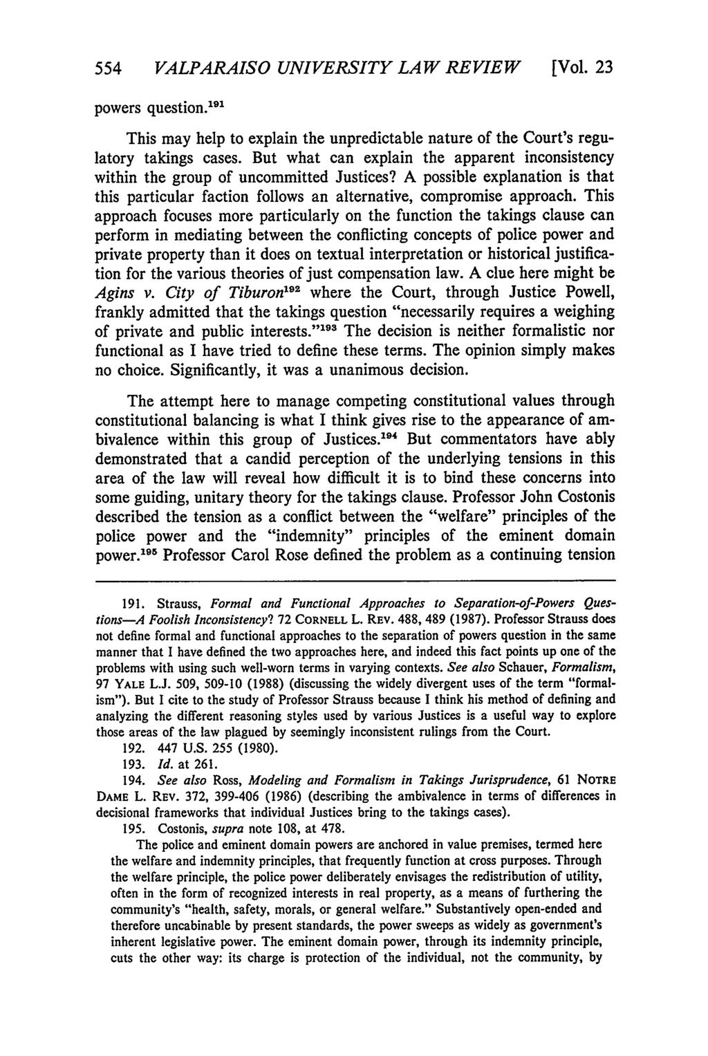Valparaiso University Law Review, Vol. 23, No. 3 [1989], Art. 8 554 VALPARAISO UNIVERSITY LAW REVIEW [Vol. 23 powers question.