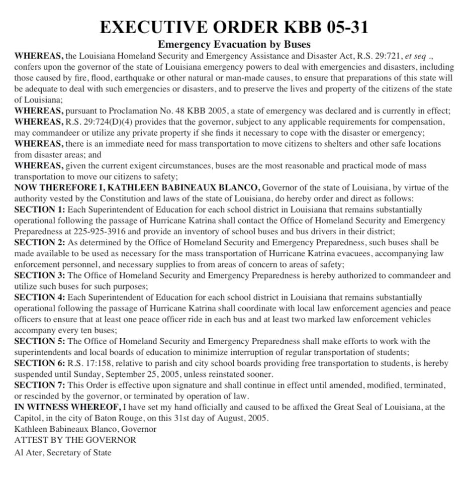 Louisiana: Our History, Our Home Skills Plus Hurricane Katrina made landfall near Buras on August 29, 2005. Two days later, Governor Kathleen Blanco issued Executive Order KBB 05-31.