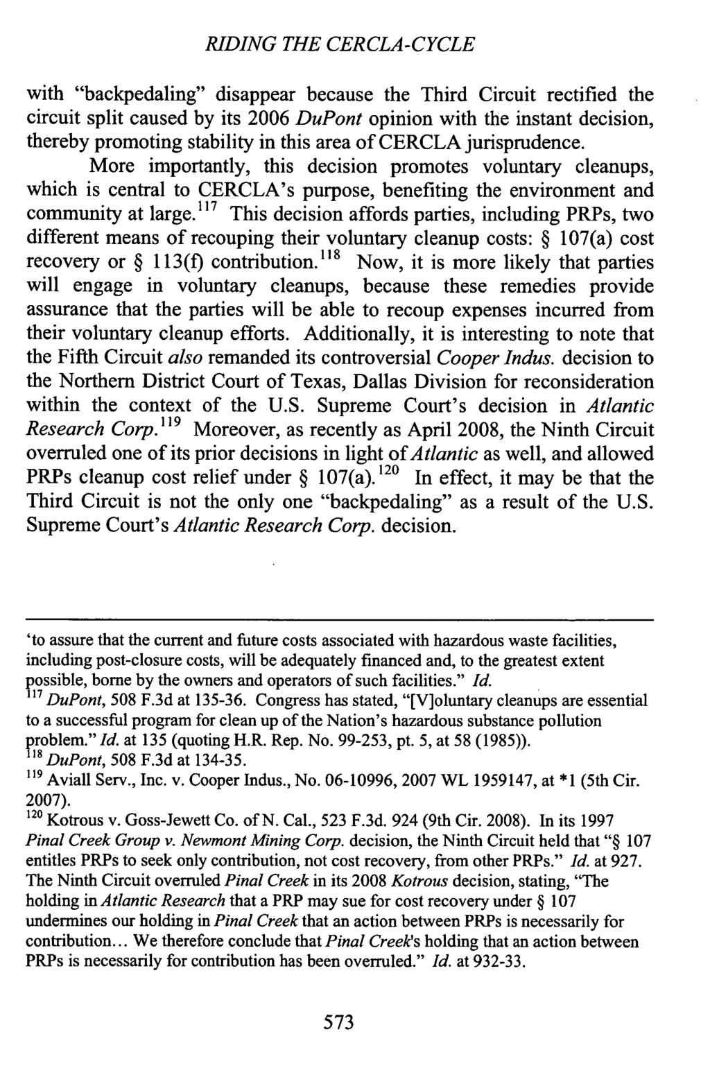 RIDING THE CERCLA-CYCLE with "backpedaling" disappear because the Third Circuit rectified the circuit split caused by its 2006 DuPont opinion with the instant decision, thereby promoting stability in