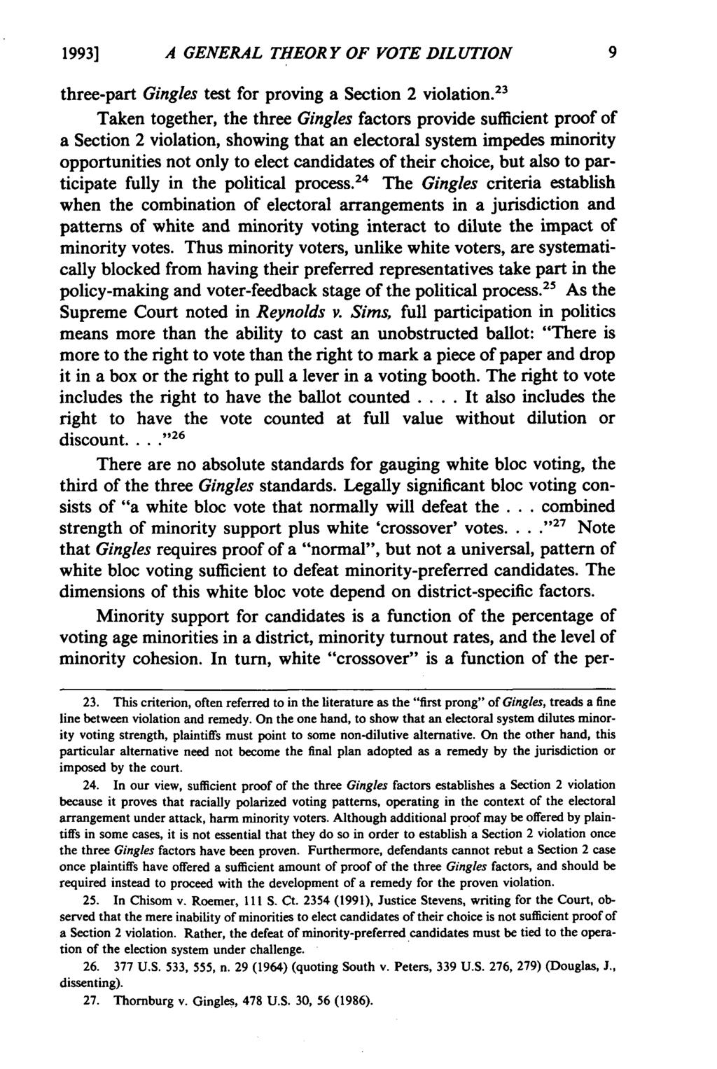 1993] A GENERAL THEORY OF VOTE DILUTION three-part Gingles test for proving a Section 2 violation.