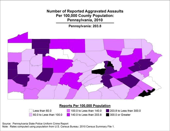 Rates for aggravated assaults reported to police ranged from a low of 40.0 per 100,000 population in Union County to a high of 585.2 in Philadelphia County during 2010.