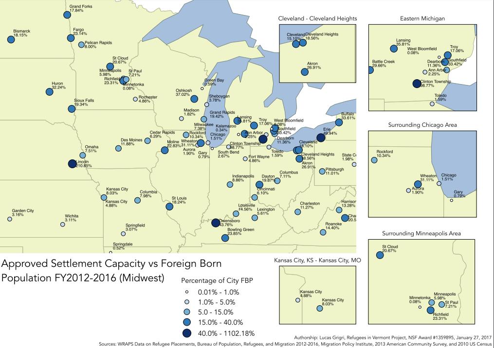 Approved Settlement as a Percentage of Foreign Born Population FY2012-2016 Figure 4.3 Figure 4.3 shows refugee resettlement as a percentage of each city s overall foreign-born population (FBP).