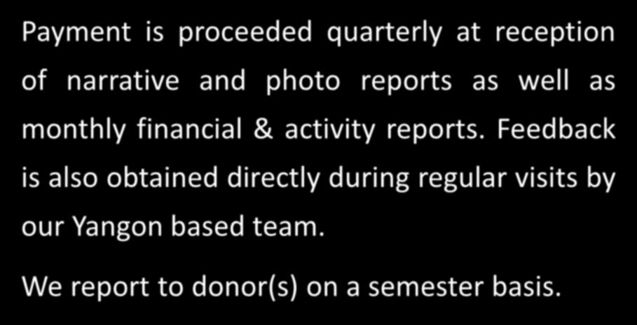 financial & activity reports. Feedback is also obtained directly during regular visits by our Yangon based team.