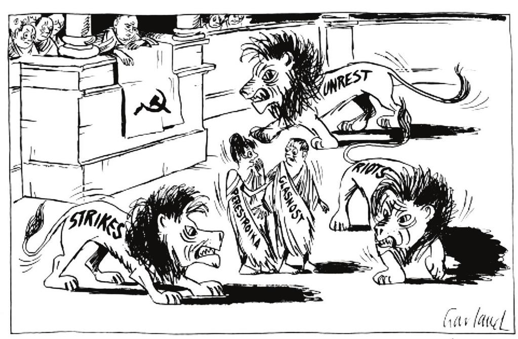 4 Source E Nicholas Garland, a political cartoonist, depicts Gorbachev (sat behind the banner with the hammer and sickle emblem) watching his policies of