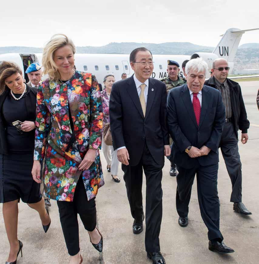 ABOVE: Secretary-General Ban Ki-moon (centre) in Beirut, Lebanon, with Sigrid Kaag (left), UN Special Coordinator for Lebanon; and Wafic