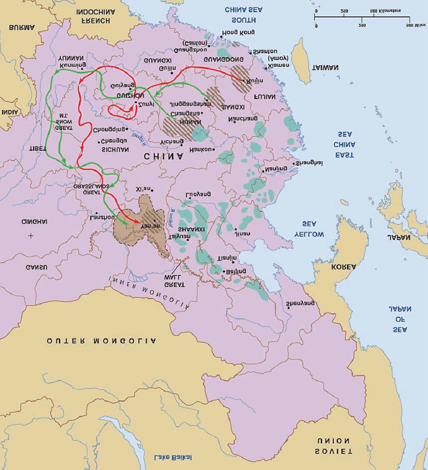 Source 1 (unseen) Long March route, 1934 to 1935 Early Soviets (self-governing Communist areas) 1927 1935 Route of the main Chinese Communist forces from Ruijin after Guominding assaults on Jiangxi