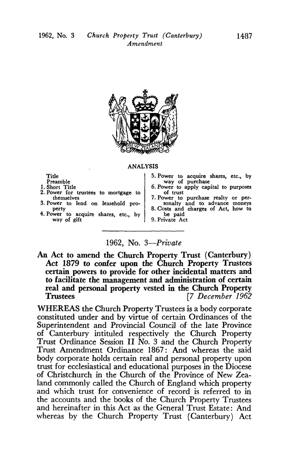 1962, No. 3 Church Property Trust (Canterbury) 1487 Title Preamble 1. Short Title 2. Power for trustees to mortgage to themselves 3. Power to lend on leasehold property 4.