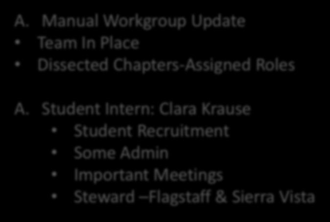 Program Updates A. Manual Workgroup Update Team In Place Dissected Chapters-Assigned Roles A.