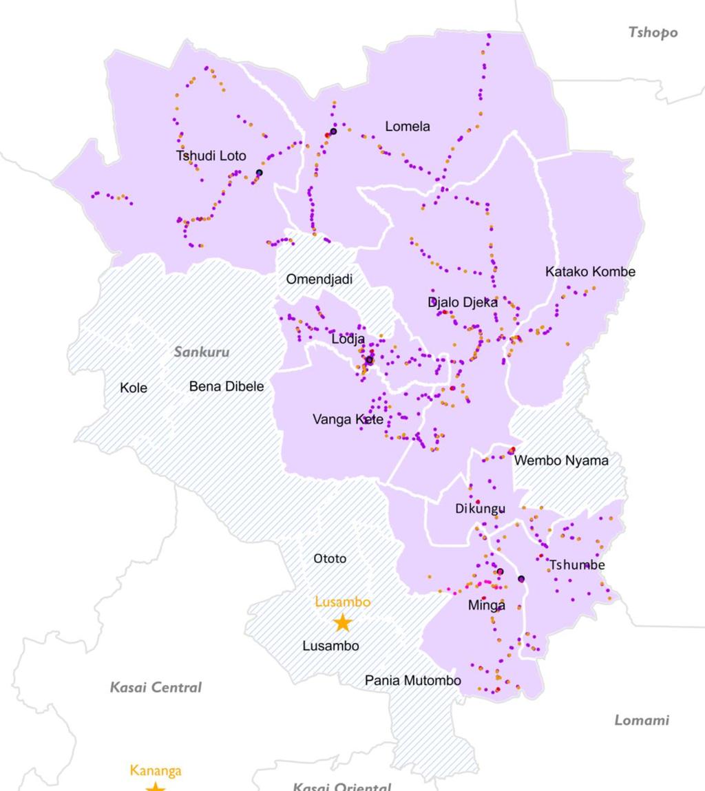 Infrastructures in the Sankuru province Legend Sources: basemap RGC (Référentiel Géographique commun de la RDC). DTM assessment DRC / RDCCompétence, DPS, 11 April 30 April. 2018.