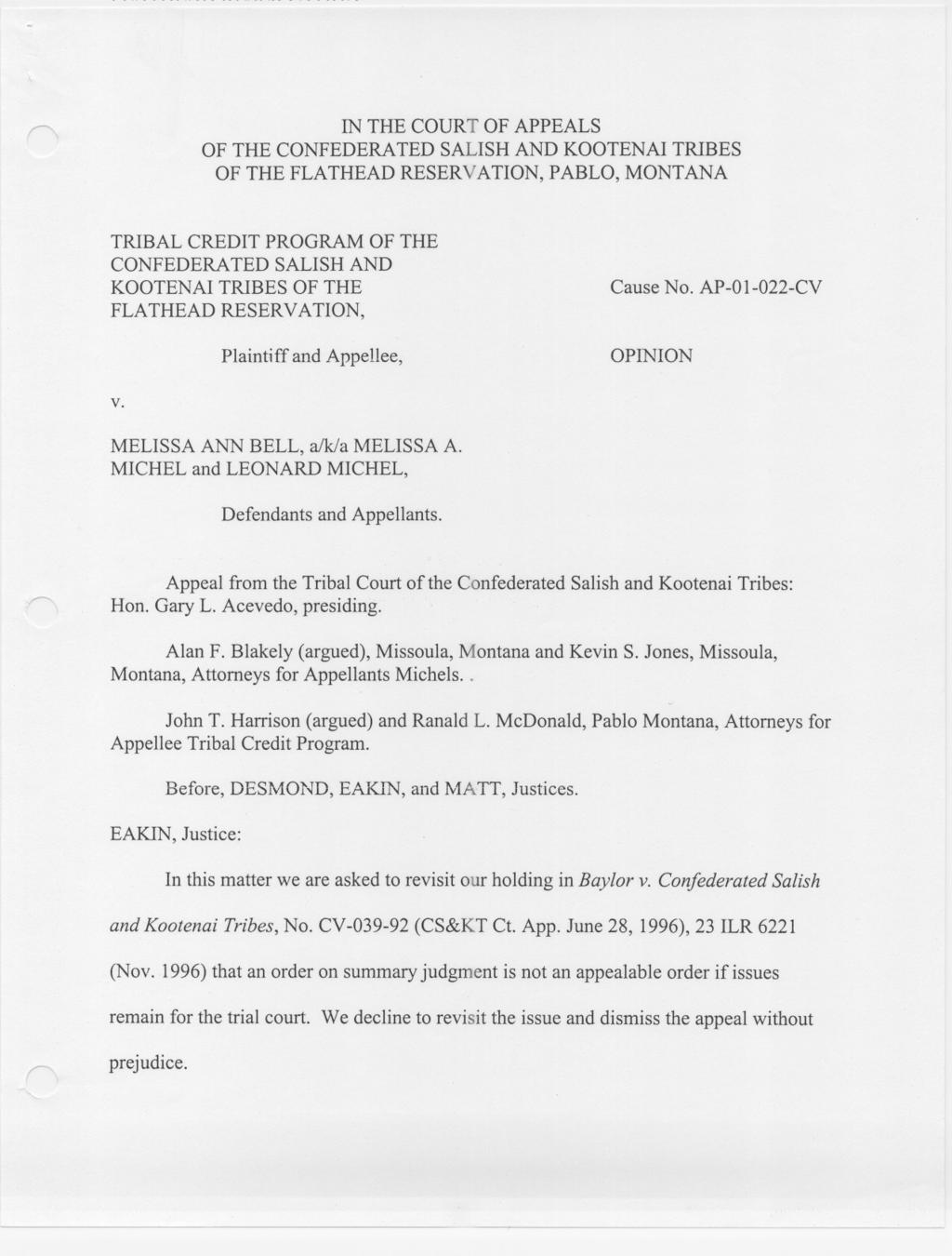 IN THE COURT OF APPEALS OF THE CONFEDERATED SALISH AND KOOTENAI TRIBES OF THE FLATHEAD RESERYATION, PABLO, MONTANA TRIBAL CREDIT PROGRAM OF THE CONFEDERATED SALISH AND KOOTENAI TRIBES OF THE FLATHEAD