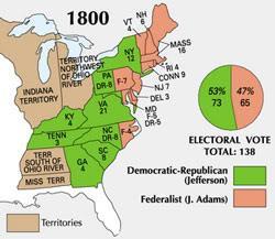 The second map outlines the breakdown in the 1800 election between Jefferson and Adams. 1. Compare the two maps. What conclusions can you draw about the types of voters that supported each candidate?