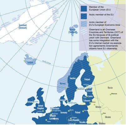 THE GEOGRAPHIC SCOPE OF EU IN THE ARCTIC EU has 3 member states with territory in the arctic: Finland and Sweden is fully EU member states but has no arctic costal line.