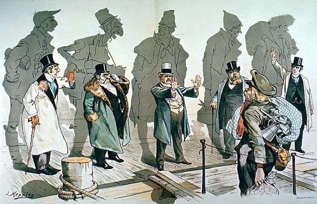 Looking Backward (1893) What do you see in this political cartoon? Describe the details. What do you think is this political cartoon about?
