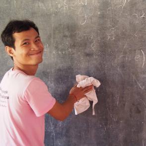 Phyrom is responsible for engaging the students in learning through teaching English, Khmer, art class and running the library.