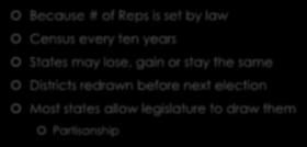 Reapportionment Because # of Reps is set by law Census every ten years States may lose, gain or stay