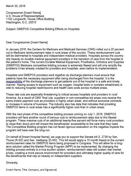 We need support from hospitals! This letter was sent to hospital- based DMEs, asking them to forward to their hospital CEOs.