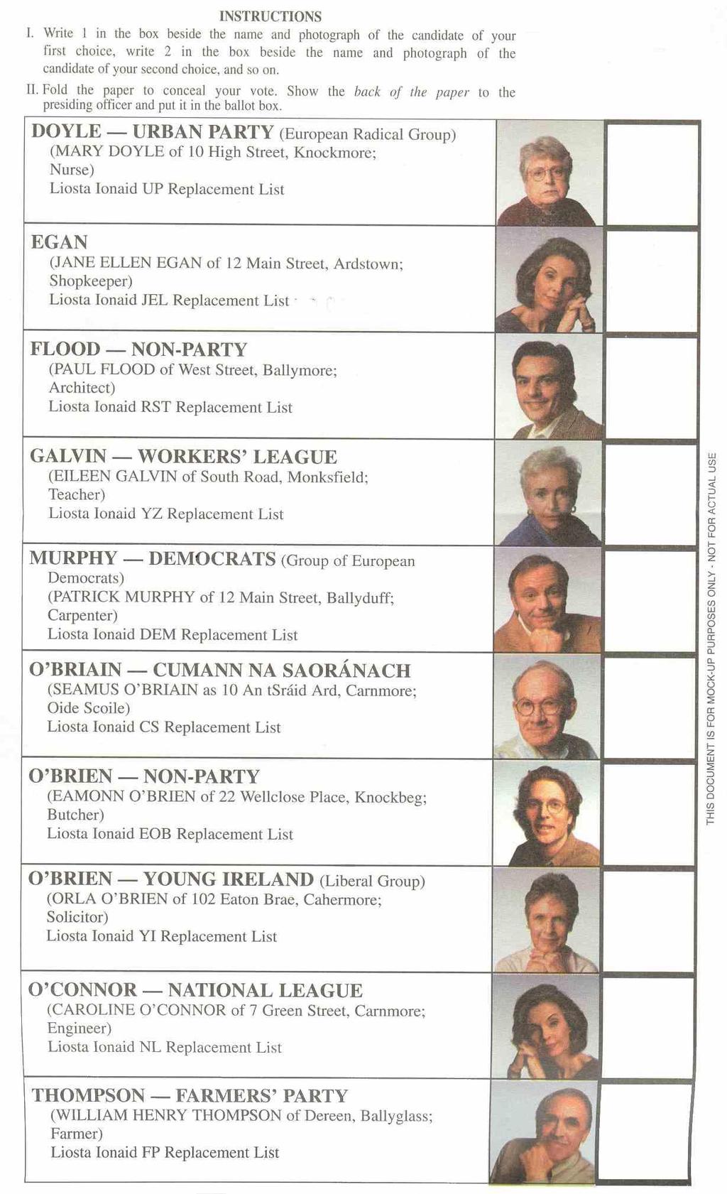 Mock-up example of ballot paper used in a PR-STV election (note that ballot