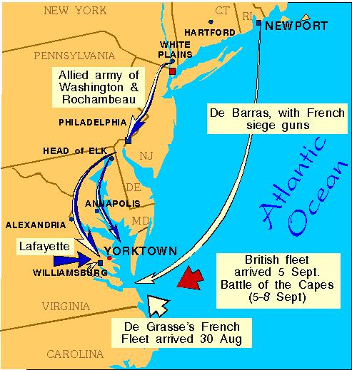 Yorktown From Aug 21 to Sept 26, 1781 Washington and Rochambeau (French) marched their armies from New York to Virginia