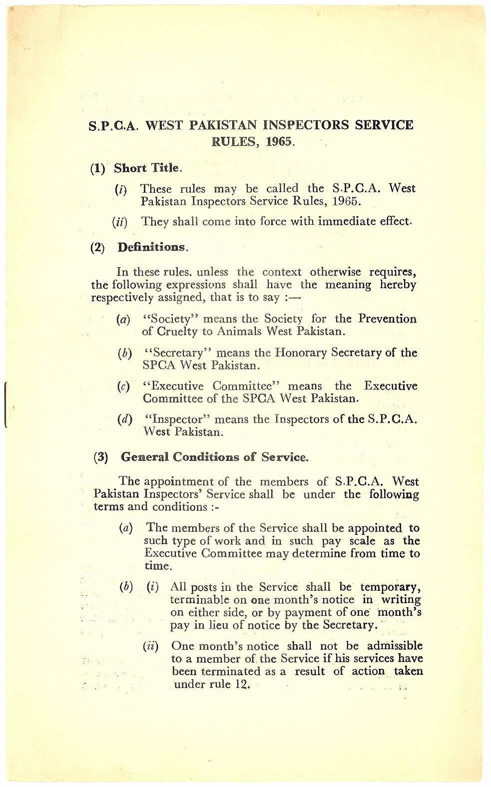 S.P.C.A. WEST PAKISTAN INSPECTORS SERVICE RULES, 1965. (1) Short Title. (i) (ii) These rules may be called the S.P.G.A. West Pakistan Inspectors Service Rules, 1965. (2) Definitions.